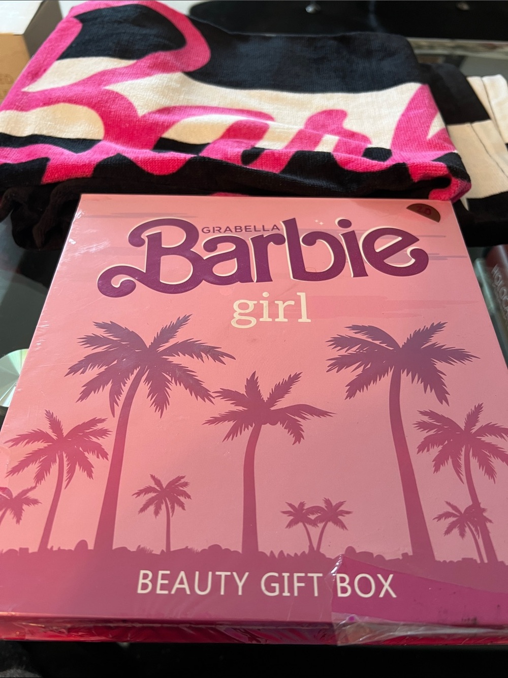 Barbie Pink Palm Beauty Gift Box and Barbie 30 x 60 beach towel